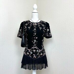 Vintage 90s black 100% silk floral beaded & embroidered short sleeve top